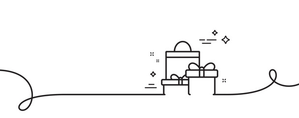 Poster - gift boxes with bag line icon. continuous one line with curl. present or sale sign. birthday shoppin