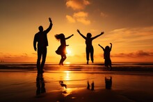 Silhouette Of Happy Family Jumping On The Beach At Beautiful Sunset, Happy Family Jumping Together On The Beach Silhouette, AI Generated