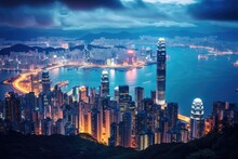 Hong Kong Skyline At Night, Hong Kong City View From The Peak At Twilight, AI Generated