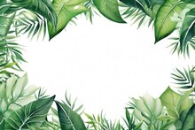 Tropical Leaves Frame On White Background. Watercolor Illustration, Hand-painted Watercolor Frame With Tropical Green Leaves And Branches, AI Generated