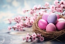 Easter Eggs In Nest With Blooming Branches On Light Blue Background, Happy Easter, Congratulatory Easter Background, Easter Eggs And Flowers, AI Generated