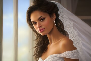 Sticker - Beautiful young Hispanic bride in a white wedding dress and veil
