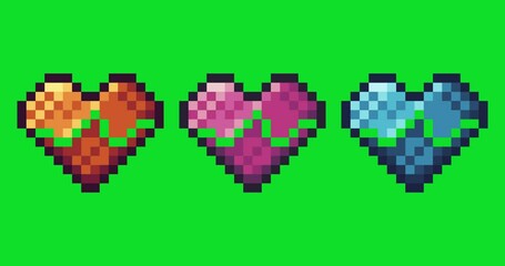 Poster - Green screen of heart with beat,Heart icon bits pixel slowly appeared and dissappeared. Simple animation from  pixel dots form sets of Heart beat icon . Usefull for game asset or design asset animate.
