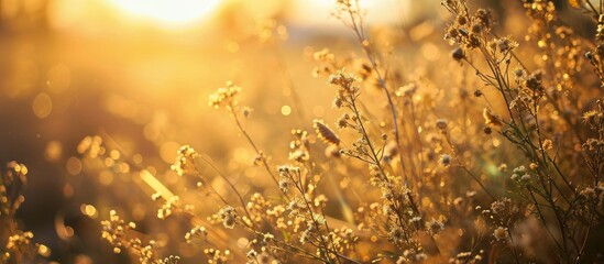 Sticker - Morning sunlight and sunrise illuminating soft grass flowers with a golden background.