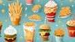 Fast food illustration wallpaper abstract seamless pattern background. Colorful minimalism style.