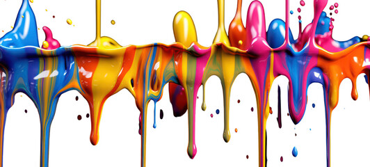 Wall Mural - Colorful rainbow color acrylic paint flowing down over white background, dripping colorful liquid on transparent background.