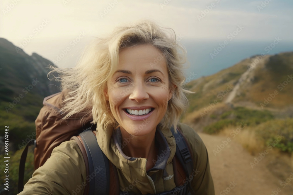 Smiling middle age blonde woman taking selfie while hiking in mountains ...