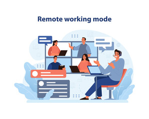Poster - remote working mode. a dynamic team engages in digital collaboration across a virtual office space, 