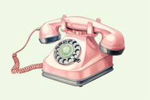 Old Pink Corded Rotary Telephone Illustration. Vintage Landline Telecommunication Device