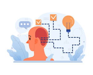 Divergent thinking concept. Profile of a person showcasing brainstorming process, idea generation, and strategic thought. Illuminating lightbulb, checklist, and chat bubble elements. Flat vector