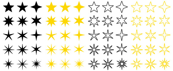 Wall Mural - Collection of simple decorative flat stars – Vector little stars icons – Black and golden stars isolated on transparent background