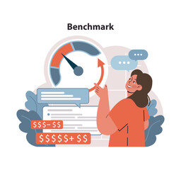 Poster - Benchmark concept. Eager professional analyzes performance metrics, comparing current progress to set goals. Speedometer shows optimal standards. Pursuit of excellence in finance. vector illustration