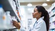 © sambath - Woman pharmacist in pharmacy reaching for drugs from the shelf, hyper realistic, highly detail, high - resolution