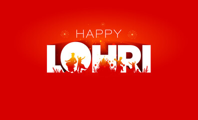 Wall Mural - Happy Lohri. Indian punjabi sikh traditional festival design. Bhangra dance around bone fire with Happy Lohri 3d text.