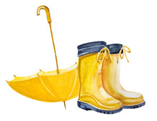 Yellow Rain Boots And Umbrella Isolated On White. Autumn Design. Fall Themed Illustration. Hello Fall Concept Boots  Clipart For Print, Poster,branding,card.
