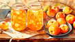 Two jars of peach preserves and a bowl of fresh peaches on a wooden surface. The jars are filled with peach preserves and appear to be freshly made, glistening in the sunlight. 