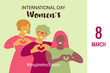 #InspireInclusion. International Women's Day banner. Inspire inclusion social campaign.Smiling women . Heart shaped hand gesture.Vector illustration