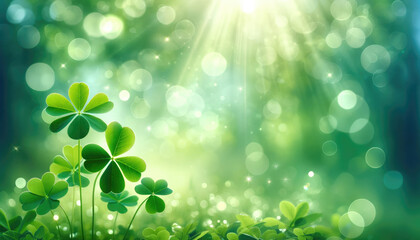 Wall Mural - Green shamrock clover leaves natural spring background green St. Patrick's day with bokeh and sun rays