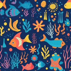 Sticker - pattern marine life such as fish, coral reefs, and sea creatures, all simplified and stylized to suit a very small scale