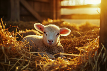 Cute white little baby sheep on dry straw in sunny farm. Easter lamb.