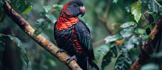 Poster - Rare Pesquet parrot, native to New Guinea, found in the dark green forests of Asia, is an endemic bird with an unattractive red and black appearance, often seen perched on branches in its natural