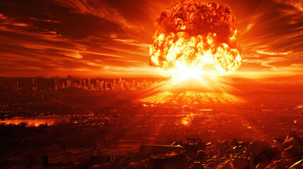 Wall Mural - Nuclear explosion in a city, third world war concept