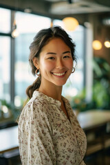 portrait headshot of smiling young asian/korean/japanese woman clean natural skin in coffee shop office for commercial skincare beauty natural light background portra magazine editorial film look