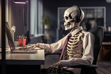 Human Skeleton Wearing Headphones, Using A Computer At A Workstation