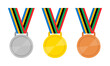 Gold, silver and bronze medals with ribbon set in flat style.