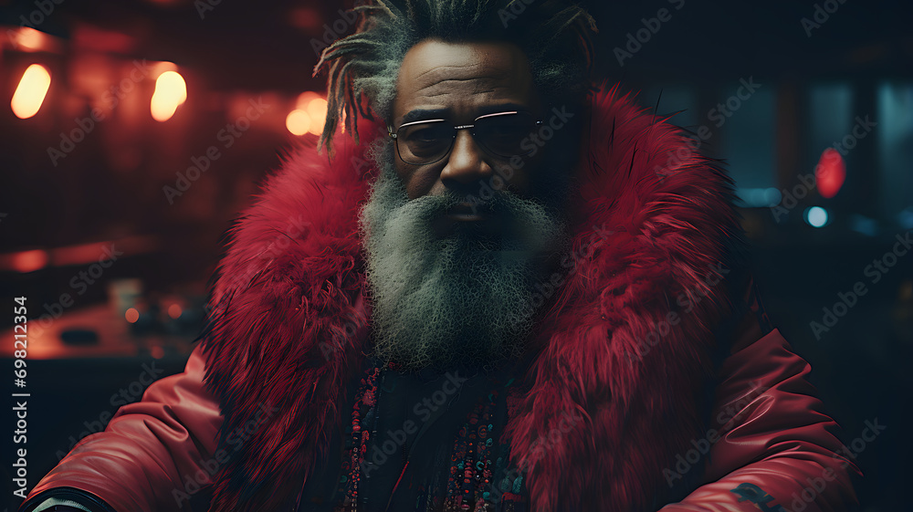 Mature male afro american face mafia boss portrait, male leader of gangster business, criminal businessman in a in a fur coat. A strange sorcerer or tribal leader, guru shaman.