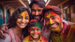 © Kseniya - Cheerful Family Posing Together with Gulal-Stained Faces, Capturing the Festive Spirit of Holi, Celebration of the Holi Festival