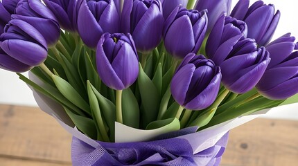 Wall Mural - purple tulips on a wooden table