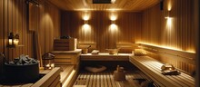 Contemporary Sauna With Finnish Design And Traditional Accessories.