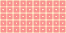 Gingham Pattern With Hearts. Seamless Tartan Vichy Check Plaid For Gift Card, Wrapping Paper, Invitation On Valentines Day Print