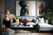 Contemporary living room with grey sectional, bohemian decor, wall art for customization and plenty of space. Chic interior design. Generative AI