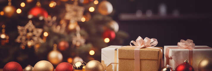 Wall Mural - Christmas banner. Background Xmas design with festive gift boxes and Christmas balls. Horizontal Christmas header with golden bokeh.