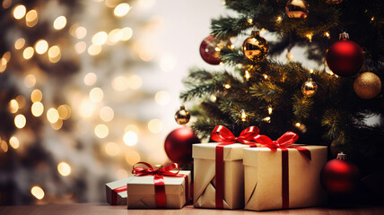 Wall Mural - Merry Christmas and Happy New Year background with copy space. Xmas gifts box and Christmas balls, festive bokeh. Design for poster, holiday banner, flyer or greeting card.