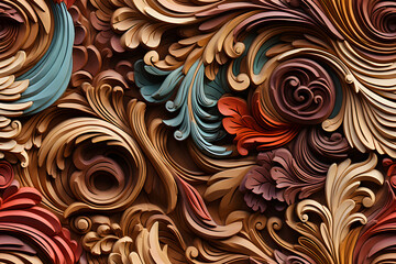 Wooden baroque ornament seamless, carve decoration wood background