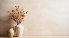 Vase With Dried Flowers On Wooden Table Over Beige Wall Background