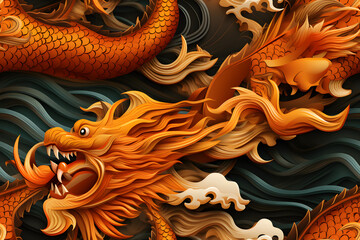 Wall Mural - Wooden baroque dragon ornament seamless, carve decoration wood background