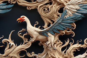 Wall Mural - Wooden baroque birds ornament seamless, carve decoration wood background