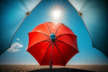 View From Ant's Perspective Under Red Umbrella With Sunlight And Blue Sky Background - Idea Concept. Generative AI