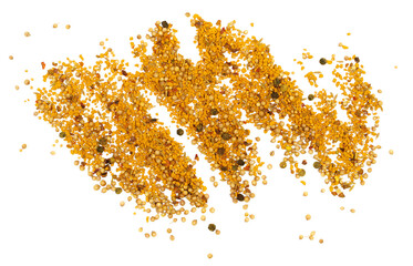 Curry spice mix pile, turmeric, fenugreek, mustard, coriander, paprika, pepper and cumin isolated on white 