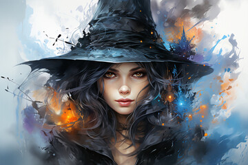 Wall Mural - A beautiful witch girl in a hat with a large brim. A sorceress, a magical character. The night of the witches or the eve of All Saints' Day. Halloween.
