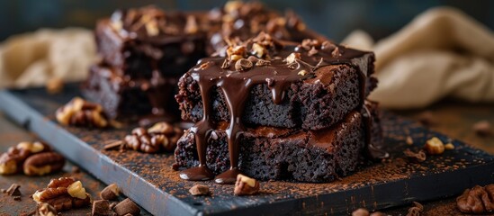 Wall Mural - Stack of chocolate brownie cakes with melted chocolate and walnuts.