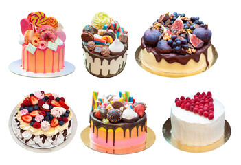Wall Mural - Set of beautiful bright multicolored cakes with sweets, chocolate fruits and berries isolated on plain white background png.