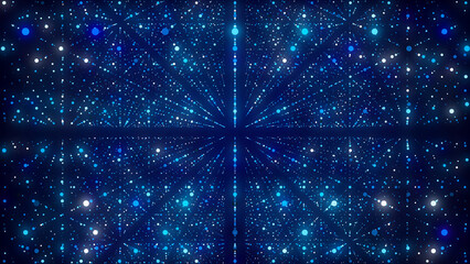Poster - Abstract futuristic infinity speed background. Digital hyperspace with stars explosion. Dynamic motion particles on blue backdrop. Blue hyper jump. 3D rendering.