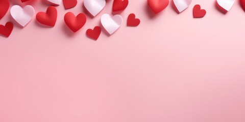 Wall Mural - Red and white paper hearts on a pink background. Valentines day background with copy-space.