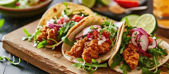 Wall Mural - Step 4: Make tasty Mexican burritos or tacos with fried chicken, arugula, cucumber, radish, red onion, and wheat tortilla sauce for lunch.
