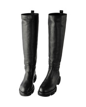 Trendy Fashionable Black Leather Knee High Women Pair Boots Isolated On White